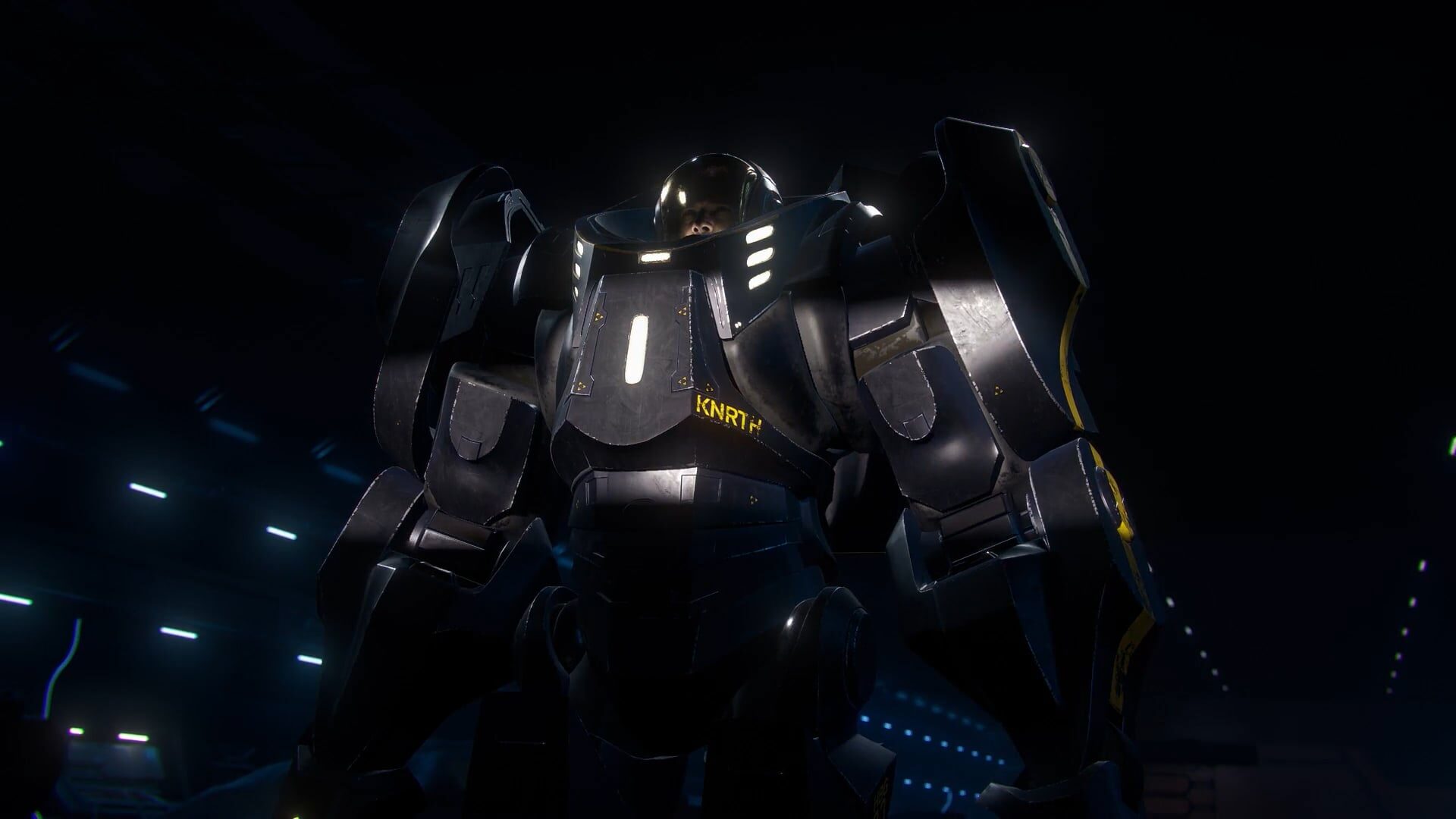 Cinematic still, low angle mech