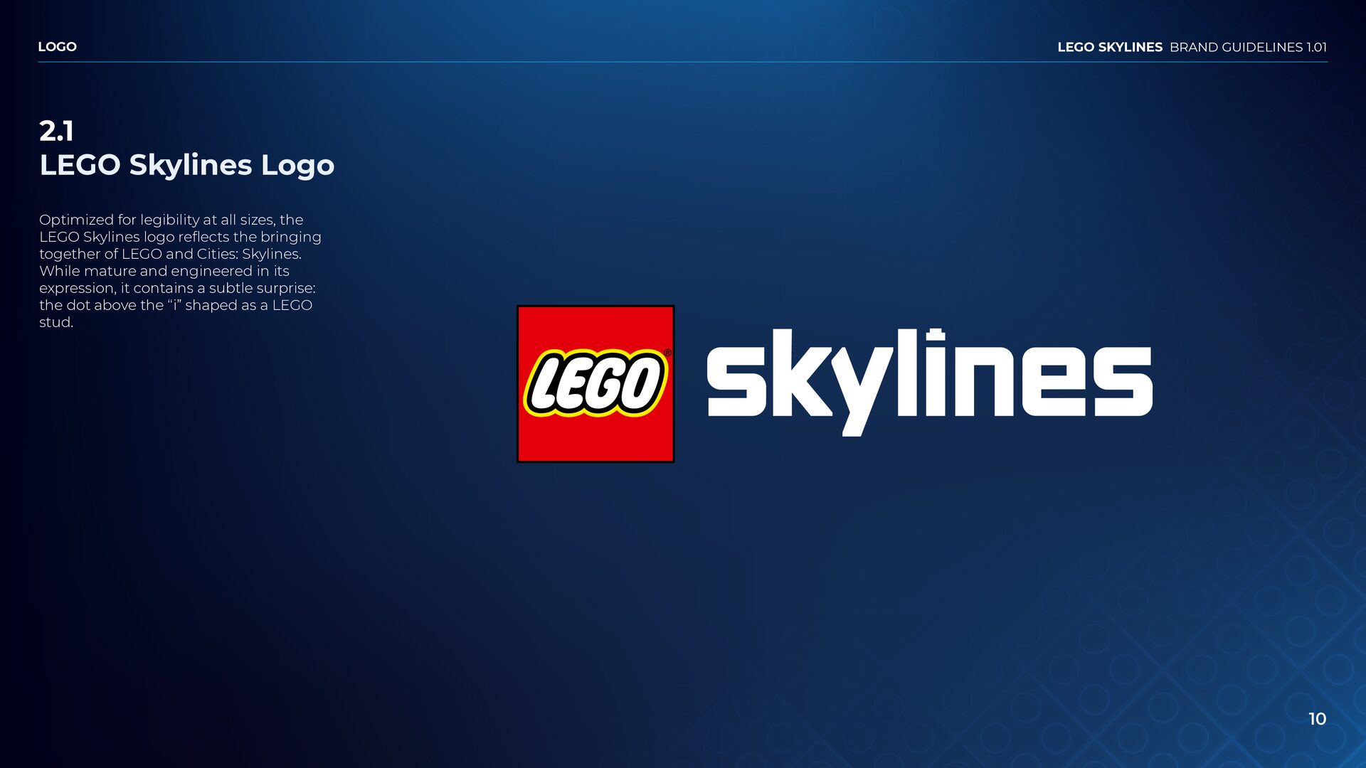 The LEGO Skylines logo. The dot on the “i” is a LEGO stud.